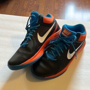 Nike basketball, sneakers, vibrant, orange, royal blue, and black. Size 11